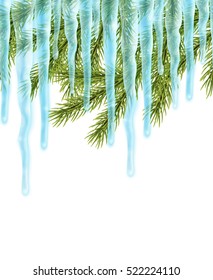 Realistic christmas background with icicles and pine tree, seamless border , vector illustration