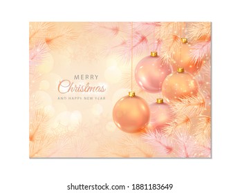 Realistic Christmas background. Orange christmas balls and christmas tree branches. Festive christmas decoration. Vector illustration