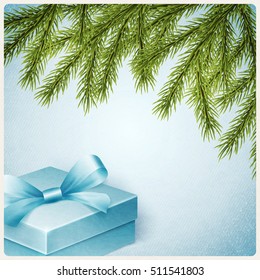 Realistic christmas background with pine tree fnd gift box, vector illustration