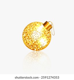 Realistic Christmas ball design template in an isolated white background. Golden color Christmas ball design vector with glitter effect. 
