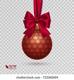 Realistic christmas ball with red ribbon isolated on transparent background. Vector illustration