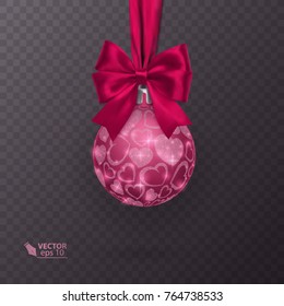Realistic christmas ball with red ribbon and glitter heart ornament on transparent background. Vector illustration