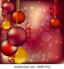 Realistic christmas ball with ribbons and red background