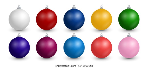 Realistic Christmas balls collection. Set of colorful festive decoration for Christmas tree isolated on editable white background. Shiny vector clip art for invitation, card, poster, banner, wallpaper