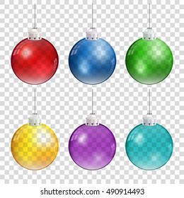 Realistic Christmas balls in different colors hanging on transparent background. Vector.