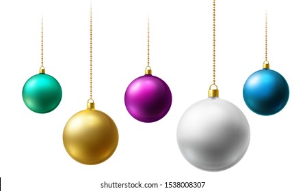 Realistic Christmas balls hanging on gold beads chains on white background.