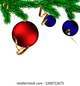 Realistic Christmas Balls with Pine Branches on White Isolated Background. Vector Illustration