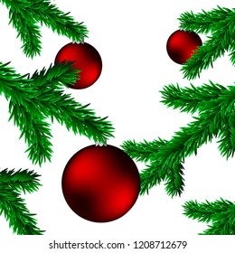 Realistic Christmas Balls with Pine Branches on White Isolated Background. Vector Illustration