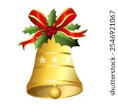 Realistic Christmas bells hanging on ribbon and holly berries leaves. Golden christmas bells vector. Jingle bells. Christmas decoration element.