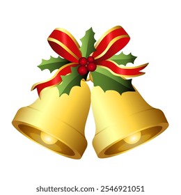 Realistic Christmas bells hanging on ribbon and holly berries leaves. Golden christmas bells vector. Jingle bells. Christmas decoration element.