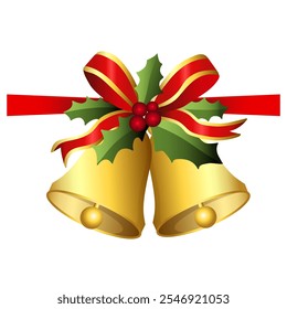 Realistic Christmas bells hanging on ribbon and holly berries leaves. Golden christmas bells vector. Jingle bells. Christmas decoration element.