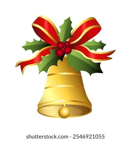 Realistic Christmas bells hanging on ribbon and holly berries leaves. Golden christmas bells vector. Jingle bells. Christmas decoration element.