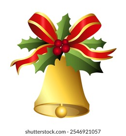 Realistic Christmas bells hanging on ribbon and holly berries leaves. Golden christmas bells vector. Jingle bells. Christmas decoration element.