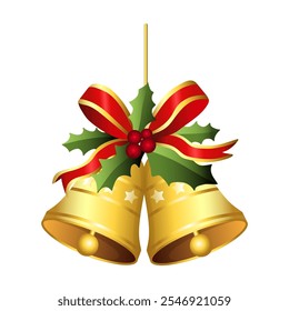 Realistic Christmas bells hanging on ribbon and holly berries leaves. Golden christmas bells vector. Jingle bells. Christmas decoration element.