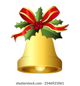 Realistic Christmas bells hanging on ribbon and holly berries leaves. Golden christmas bells vector. Jingle bells. Christmas decoration element.