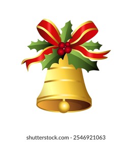 Realistic Christmas bells hanging on ribbon and holly berries leaves. Golden christmas bells vector. Jingle bells. Christmas decoration element.