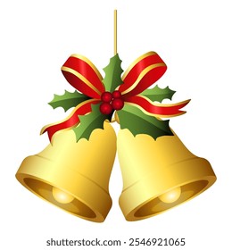 Realistic Christmas bells hanging on ribbon and holly berries leaves. Golden christmas bells vector. Jingle bells. Christmas decoration element.