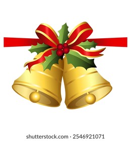 Realistic Christmas bells hanging on ribbon and holly berries leaves. Golden christmas bells vector. Jingle bells. Christmas decoration element.