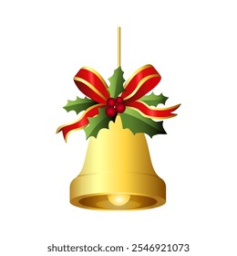 Realistic Christmas bells hanging on ribbon and holly berries leaves. Golden christmas bells vector. Jingle bells. Christmas decoration element.