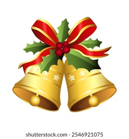 Realistic Christmas bells hanging on ribbon and holly berries leaves. Golden christmas bells vector. Jingle bells. Christmas decoration element.