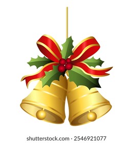 Realistic Christmas bells hanging on ribbon and holly berries leaves. Golden christmas bells vector. Jingle bells. Christmas decoration element.