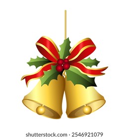 Realistic Christmas bells hanging on ribbon and holly berries leaves. Golden christmas bells vector. Jingle bells. Christmas decoration element.