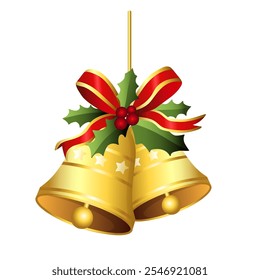 Realistic Christmas bells hanging on ribbon and holly berries leaves. Golden christmas bells vector. Jingle bells. Christmas decoration element.