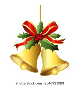 Realistic Christmas bells hanging on ribbon and holly berries leaves. Golden christmas bells vector. Jingle bells. Christmas decoration element.