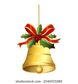 Realistic Christmas bells hanging on ribbon and holly berries leaves. Golden christmas bells vector. Jingle bells. Christmas decoration element.