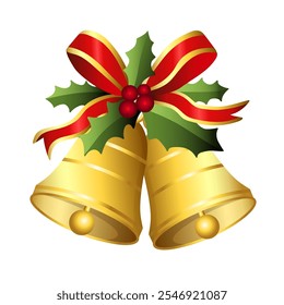 Realistic Christmas bells hanging on ribbon and holly berries leaves. Golden christmas bells vector. Jingle bells. Christmas decoration element.