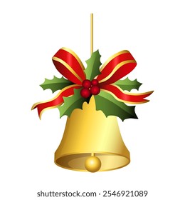 Realistic Christmas bells hanging on ribbon and holly berries leaves. Golden christmas bells vector. Jingle bells. Christmas decoration element.