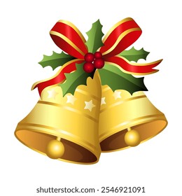 Realistic Christmas bells hanging on ribbon and holly berries leaves. Golden christmas bells vector. Jingle bells. Christmas decoration element.