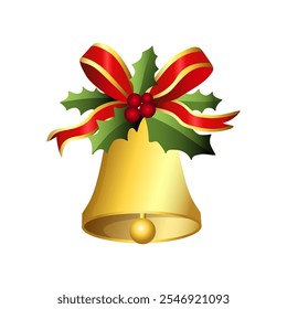 Realistic Christmas bells hanging on ribbon and holly berries leaves. Golden christmas bells vector. Jingle bells. Christmas decoration element.