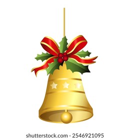 Realistic Christmas bells hanging on ribbon and holly berries leaves. Golden christmas bells vector. Jingle bells. Christmas decoration element.