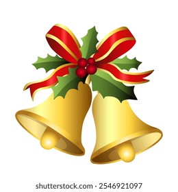 Realistic Christmas bells hanging on ribbon and holly berries leaves. Golden christmas bells vector. Jingle bells. Christmas decoration element.