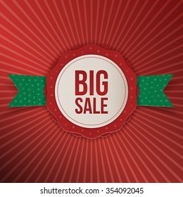 Realistic Christmas big Sale red red Label with green Ribbon on striped Background. Vector Illustration