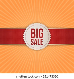 Realistic Christmas big Sale white Banner with Ribbon on striped orange Background. Vector Illustration