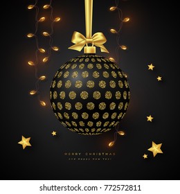 Realistic Christmas black bauble with golden bow, garland and stars. Decorative elements for Christmas holiday background. Vector illustration.