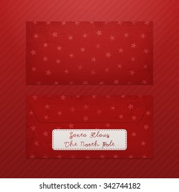 Realistic Christmas blank Envelope Template for Santa with Snowflakes on red Background. Vector Holiday Object