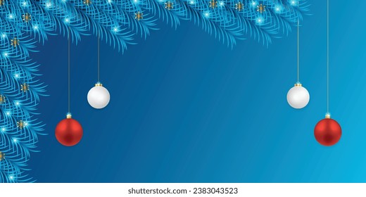 Realistic Christmas blue leaf banner with red and white balls with lights and stars.