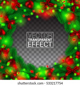 Realistic Christmas Border, Isolated on transparency Background. Winter holidays wooden background. Frame Green Fir Tree Branches with Decorations, Garland and Red Bulbs, Bows. Vector Illustration.