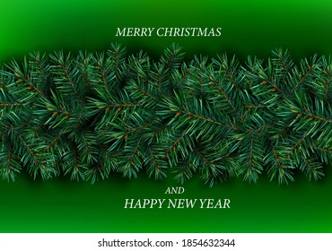Borde de Navidad realista de ramas de pino sobre fondo verde. Ramas de abetos de Navidad para su decoración, banner, tarjetas. Ilustración vectorial.