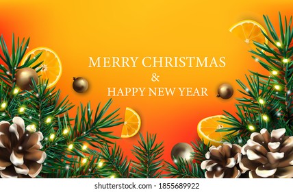 Frontera navideña realista de ramas de pino, cono de pino, naranja, luz navideña Garland. Feliz Navidad y Feliz Año Nuevo. Ilustración navideña para tu afiche, pancarta, tarjetas. Ilustración vectorial.