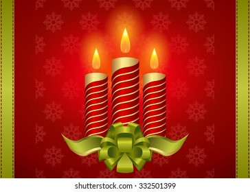 Realistic Christmas candle with a bow on a red background