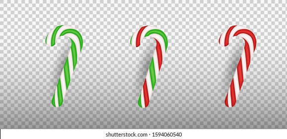 Realistic Christmas candy cane isolated on transparent background. Template for greeting card on Christmas and New Year. Vector illustration.