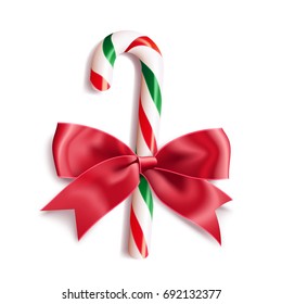 Realistic christmas candy cane with red satin bow knot. Vector illustration icon isolated on white.