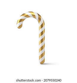 Realistic Christmas candy cane twisted striped ornamental festive sweet delicious vector illustration. Bright metallic golden Xmas decorative toy spruce design greeting stick winter holiday isolated