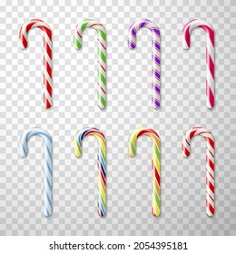 Realistic Christmas cane candy lollipop set vector illustration. Collection of multicolored striped traditional Xmas holiday dessert isolated on transparent. Glossy festive sweet stick design template