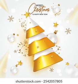 Realistic Christmas celebration banner design template. Top view Xmas design. Golden color Christmas and New Year abstract background design with luxury Xmas ball, ribbon, snow, and candy.
