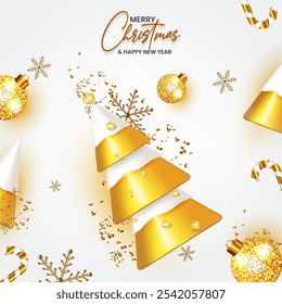 Realistic Christmas celebration banner design template. Top view Xmas design. Golden color Christmas and New Year abstract background design with luxury Xmas ball, ribbon, snow, and candy.
